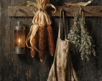 Corn Husks and Apron Wall Art, Vintage Style Thanksgiving Decor, Autumnal Artwork, Kitchen Still Life, Rustic Wall Art, Art Print or Canvas