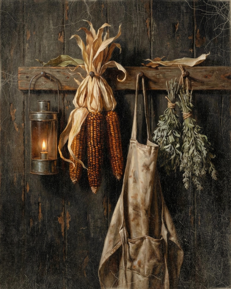 Corn Husks and Apron Wall Art, Moody Vintage Thanksgiving Decor, Candlelit Fall Homestead, Art Print or Canvas