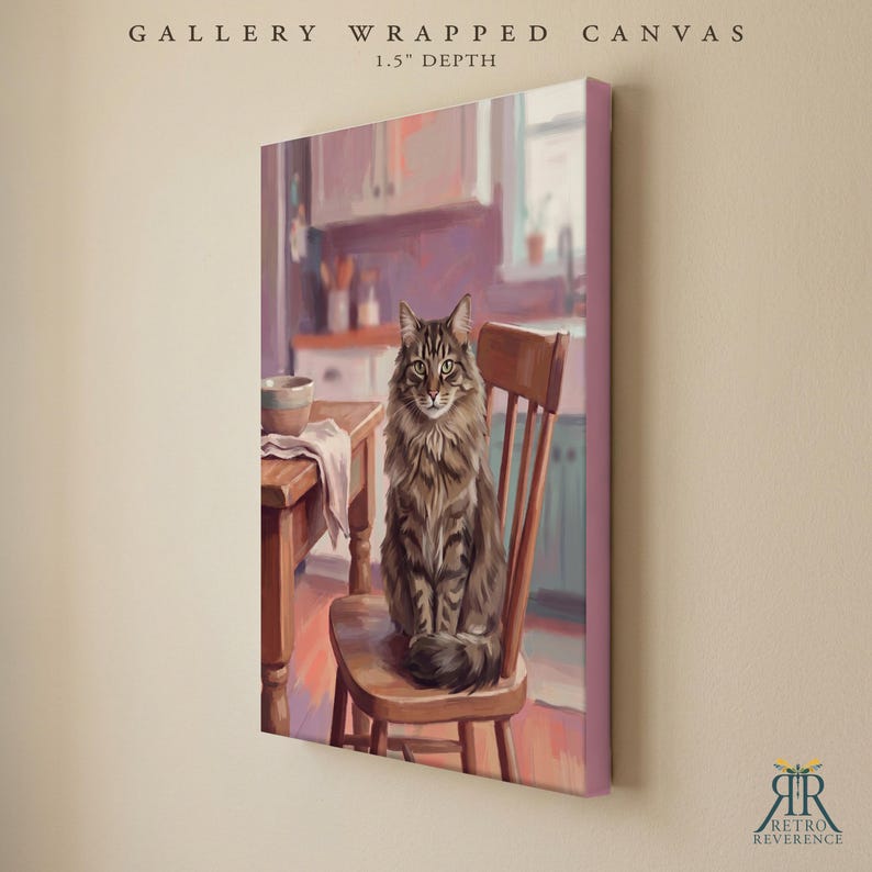 May include: A gallery wrapped canvas with a 1.5 inch depth featuring a painting of a brown tabby cat sitting on a wooden chair in a kitchen setting. The artwork displays a cat with long fur, a wooden table with a bowl, and a soft, painterly aesthetic.