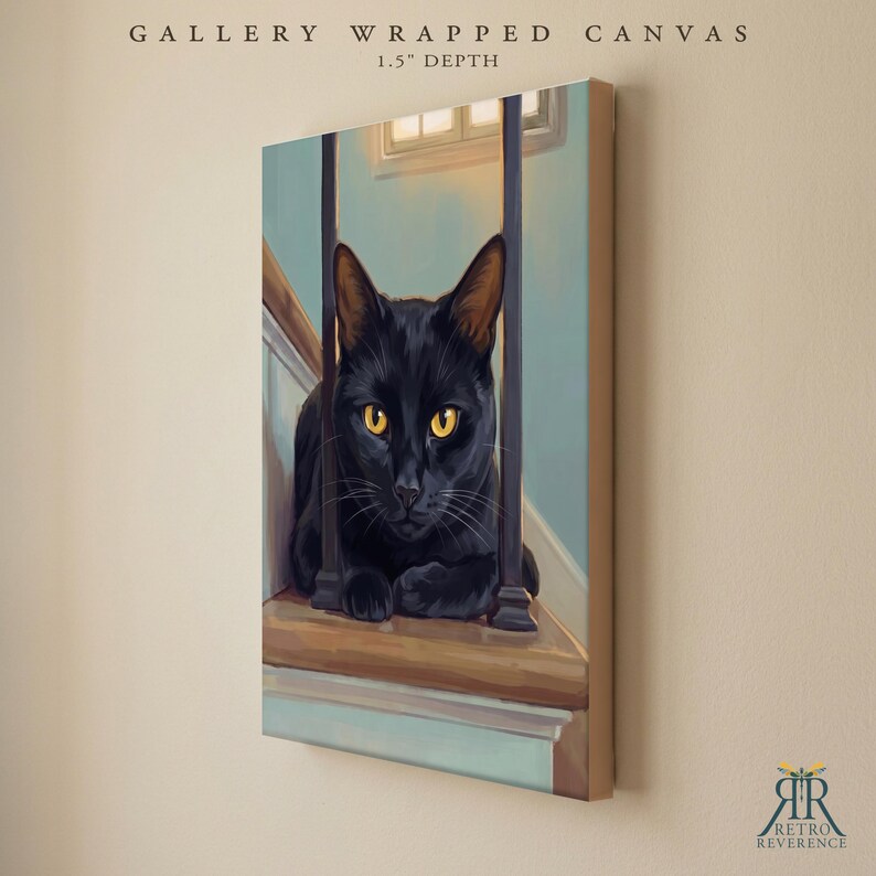 May include: A gallery wrapped canvas with a 1.5 inch depth featuring a painting of a black cat with yellow eyes sitting on a wooden staircase behind dark vertical railings. The artwork displays a light blue wall and a window in the background.