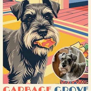 Trash Day Travel Poster from Your Photo, Personalized Dog Art Print or Canvas, Funny Garbage Dog Wall Art, Retro Curbside Decor