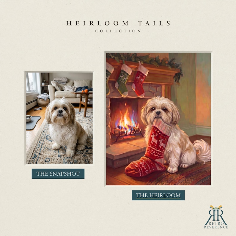 Pu&ograve; includere: Un confronto fianco a fianco della collezione Heirloom Tails. A sinistra, una fotografia di un cane Shih Tzu dal pelo chiaro. A destra, un'illustrazione dipinta dello stesso cane che tiene in bocca una calza natalizia rossa vicino al camino.