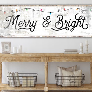 Vintage Merry & Bright Christmas Wall Decor, Distressed Festive Holiday Canvas Print, Shabby Chic Winter Artwork, Fun Seasonal Decorations