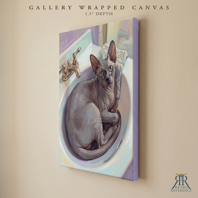 May include: A gallery wrapped canvas with a 1.5 inch depth featuring a painting of a grey hairless cat sitting inside a white bathroom sink with a gold faucet. The artwork displays a feline with large ears and eyes, positioned near a patterned cloth.