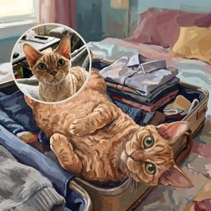 Devoted Custom Cat Portrait from Your Photo, Vintage Style Travel Art Digital Download