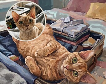 Custom Cat Portrait from Photo, Cat Sleeping in a Suitcase, Travel Illustration, Travel Wall Art, Digital Prints, Printable Wall Art