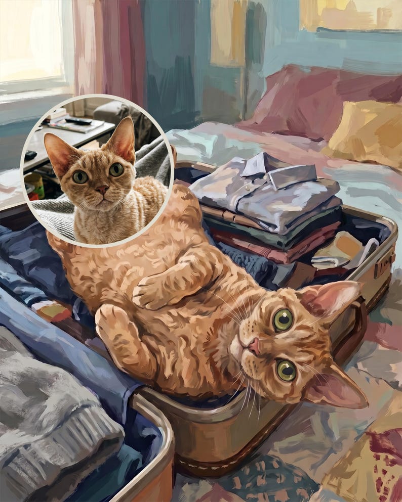 Devoted Custom Cat Portrait from Your Photo, Vintage Style Travel Art Digital Download