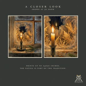 May include: A print featuring a lit candle in a metal holder on a windowsill with frost patterns on the glass. Text reads: A CLOSER LOOK SHOWN AT 3X ZOOM, PRINTS UP TO 24X30 INCHES. THE PATINA IS PART OF THE TRADITION. Logo reads: RR RETRO REVERENCE.