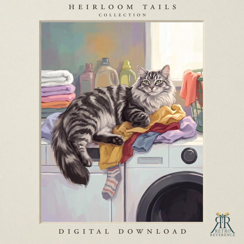 May include: A digital illustration titled Heirloom Tails Collection featuring a fluffy grey tabby cat resting on a white washing machine atop a pile of colorful laundry. Behind the cat are detergent bottles and a stack of folded towels.