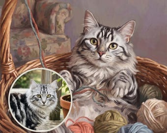 Custom Cat Portrait from Photo, Cat with Yarn Art, Craft Room Wall Art, Cottagecore Cat Illustration, Printable Wall Art, Pastel Aesthetic