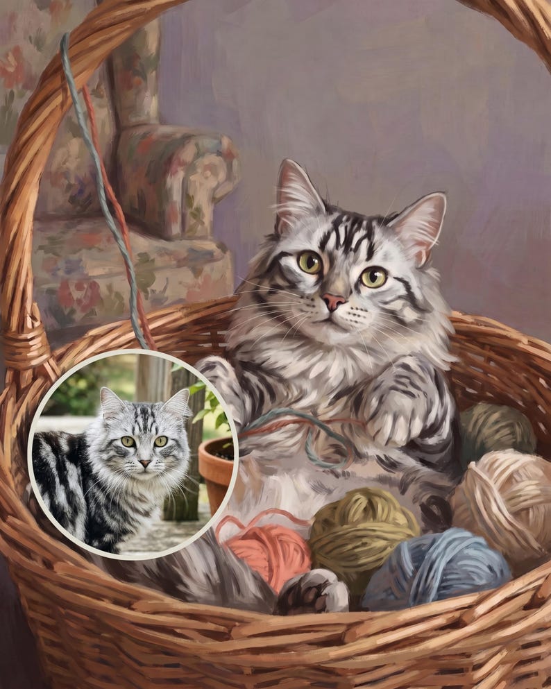Mischievous Custom Cat Portrait from Your Photo, Cottage Craft Room Art Digital Download