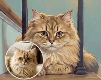 Custom Cat Portrait from Photo, Cat Sitting on the Stairs, Stairway Art, Cat Artwork, Hallway Wall Art, Digital Prints, Printable Wall Art