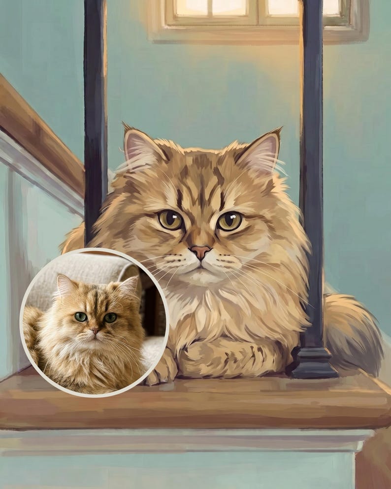 Watchful Custom Cat Portrait from Your Photo, Illustrated Stairway Art Digital Download