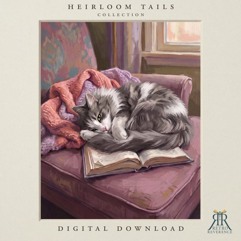 May include: A digital illustration titled Heirloom Tails Collection featuring a fluffy gray and white cat curled up asleep on an open book resting on a mauve armchair. A textured pink blanket is draped behind the cat. The text Digital Download appears at the bottom.