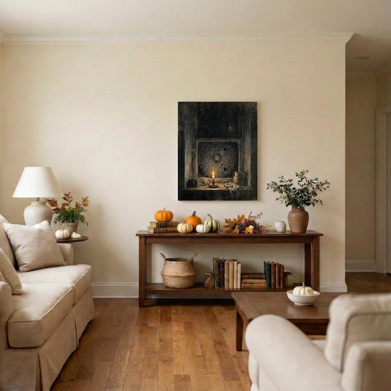 May include: A rectangular dark-toned wall art piece depicting a candlelit interior scene hangs above a wooden console table. The table holds small pumpkins, a vase with greenery, and books. A lamp sits on a side table next to a beige sofa.