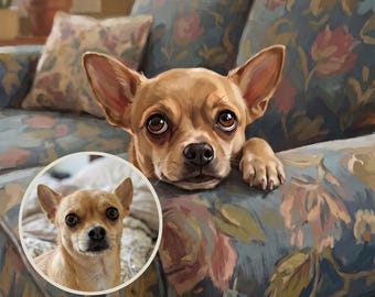 Living Room Wall Art Canvas, Sad Dog on Sofa Print, Custom Dog Portrait from Photo, Illustrated Dog, Dog Memorial Canvas, Cottage Decor