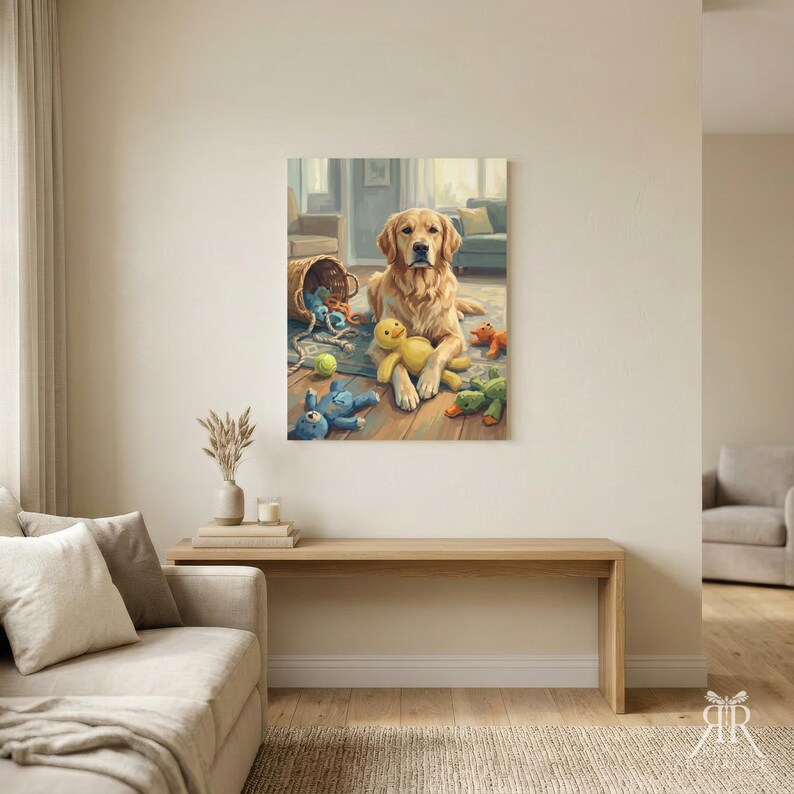 May include: A golden retriever dog sits on a wooden floor surrounded by various plush toys, including a yellow duck, a blue bear, and a green creature, with a wicker basket nearby in this detailed wall art print.