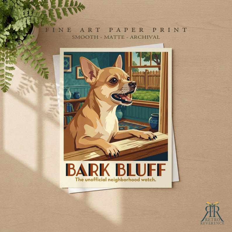 May include: A fine art paper print featuring a tan chihuahua looking out a window. The text reads BARK BLUFF The unofficial neighborhood watch. The illustration shows a room with bookshelves and a view of a wooden fence and green grass.