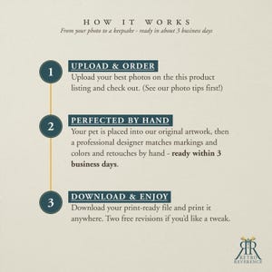 May include: An informational graphic titled HOW IT WORKS detailing a three-step process. Steps include UPLOAD & ORDER, PERFECTED BY HAND, and DOWNLOAD & ENJOY. The text explains the custom artwork creation process, including photo submission and revisions.