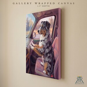 May include: Gallery wrapped canvas with 1.5 inch depth featuring an Australian Shepherd dog sitting in a car passenger seat wearing a black harness and seatbelt. The dog looks out the window. Text reads: GALLERY WRAPPED CANVAS 1.5" DEPTH.