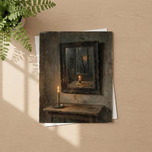May include: A rectangular wall art print depicting a dark, moody interior scene with a wooden table, a lit candle in a metal holder, and a framed mirror reflecting a window view of a bare tree against a full moon at night, all in muted tones.