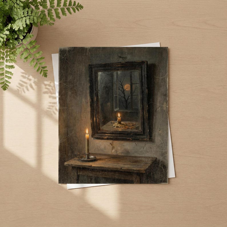 May include: A rectangular wall art print depicting a dark, moody interior scene with a wooden table, a lit candle in a metal holder, and a framed mirror reflecting a window view of a bare tree against a full moon at night, all in muted tones.
