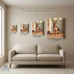 May include: A canvas size chart displaying four gallery wrapped canvas prints with a 1.5 inch frame depth. Each print features a German Shepherd dog sitting on a doormat. The sizes listed are 8x10, 11x14, 16x20, and 24x30 inches, shown above a sofa.