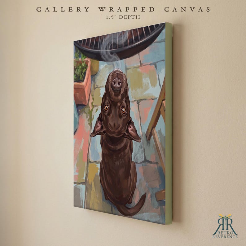 May include: A gallery wrapped canvas with a 1.5 inch depth featuring a painting of a brown dog looking upward at a grill. The scene depicts a stone patio with a potted plant and a wooden chair leg. The text reads GALLERY WRAPPED CANVAS.