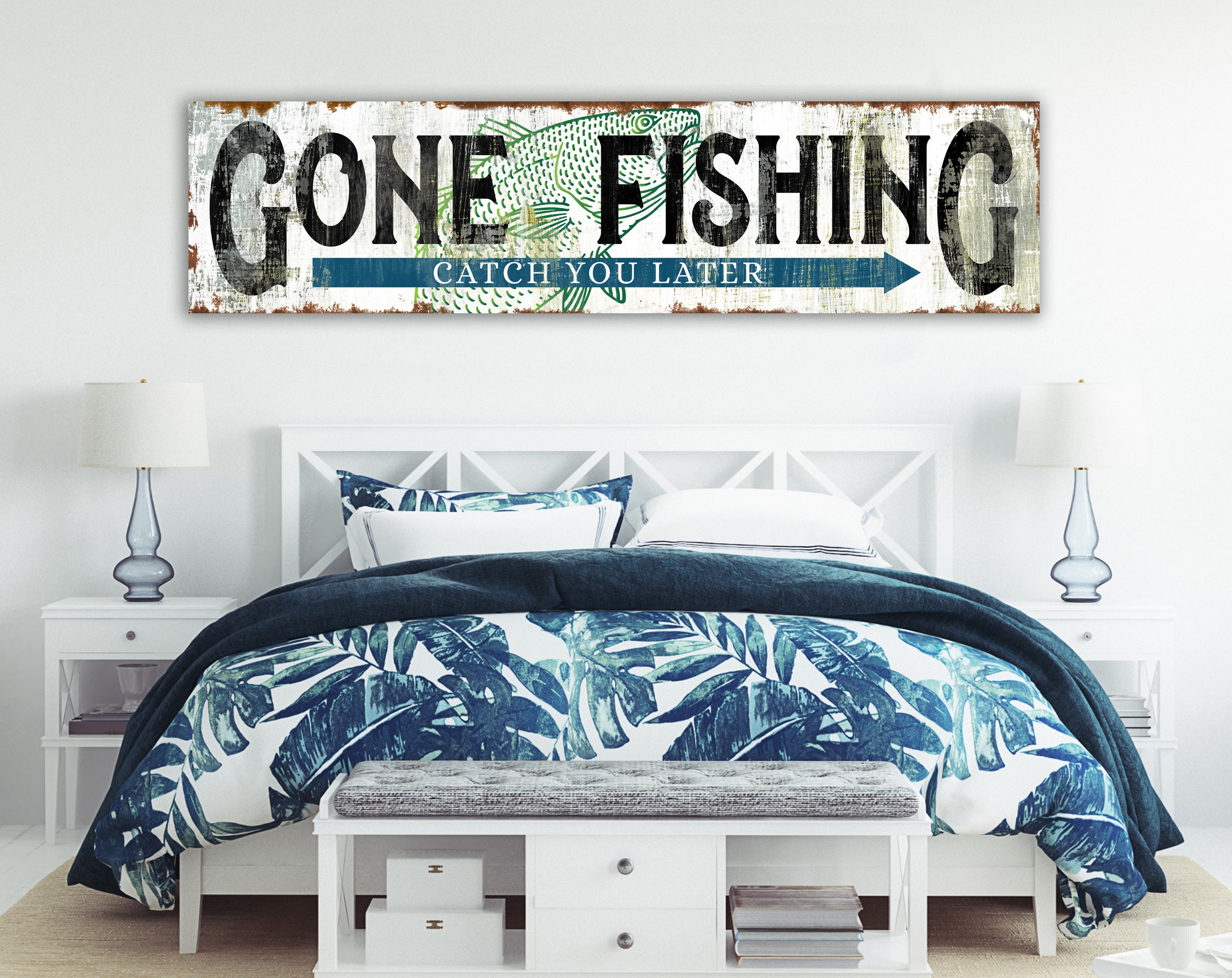 Coastal Farmhouse Wall Decor Rustic Chic Gone Fishing Sign, Industrial  Modern Living Room Sign Wall Art Print, Country Cottage Home Decor 