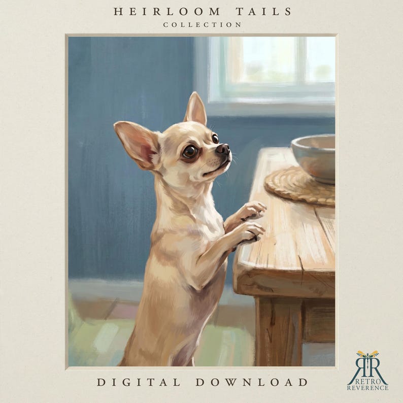 May include: A digital illustration of a tan Chihuahua standing on its hind legs, resting its front paws on a wooden table next to a bowl. The text HEIRLOOM TAILS COLLECTION and DIGITAL DOWNLOAD appear at the top and bottom of the image.