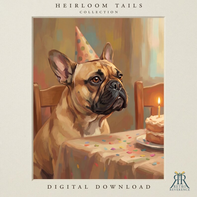 May include: A digital illustration of a tan French Bulldog wearing a polka-dot party hat, sitting at a table with a small cake featuring a single lit candle. The text HEIRLOOM TAILS COLLECTION and DIGITAL DOWNLOAD appear with the Retro Reverence logo.