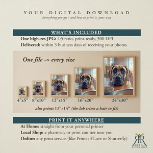 May include: A digital download guide featuring a dog portrait in five frame sizes: 4x5, 8x10, 12x15, 16x20, and 24x30 inches. The text includes 'YOUR DIGITAL DOWNLOAD', 'WHAT'S INCLUDED', 'One file -> every size', 'also prints 11x14', and 'PRINT IT ANYWHERE'.