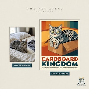 May include: A print titled The Pet Atlas Collection featuring a photograph of a tabby cat on a bed labeled The Snapshot and an illustration of a tabby cat in a cardboard box labeled The Landmark with the text Cardboard Kingdom.
