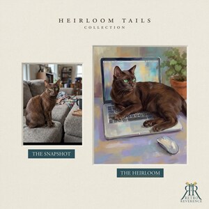 Peut inclure: Une comparaison c&ocirc;te &agrave; c&ocirc;te intitul&eacute;e HEIRLOOM TAILS COLLECTION. &Agrave; gauche, une photographie &eacute;tiquet&eacute;e THE SNAPSHOT montre un chat brun sur un canap&eacute; gris. &Agrave; droite, une peinture &eacute;tiquet&eacute;e THE HEIRLOOM repr&eacute;sente le m&ecirc;me chat sur un ordinateur.