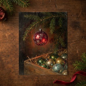 Ornaments in a Wood Crate Wall Art, Vintage Style Christmas Decor, Winter Illustration, Gallery Wall Decor, Mantel Art, Art Print or Canvas zdjęcie 5