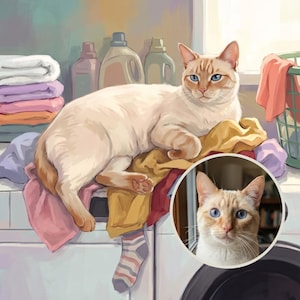 Blissful Custom Cat Portrait from Your Photo, Painterly Laundry Room Art Digital Download