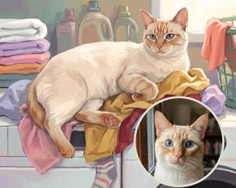 Custom Cat Portrait from Photo, Cat in Laundry Art, Funny Laundry Room Art, Whimsical Illustration, Printable Wall Art, Mudroom Art