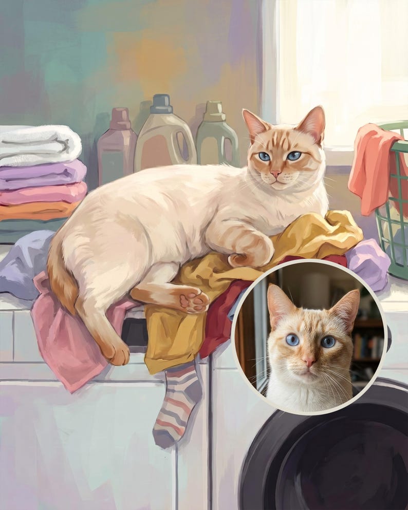 Blissful Custom Cat Portrait from Your Photo, Painterly Laundry Room Art Digital Download
