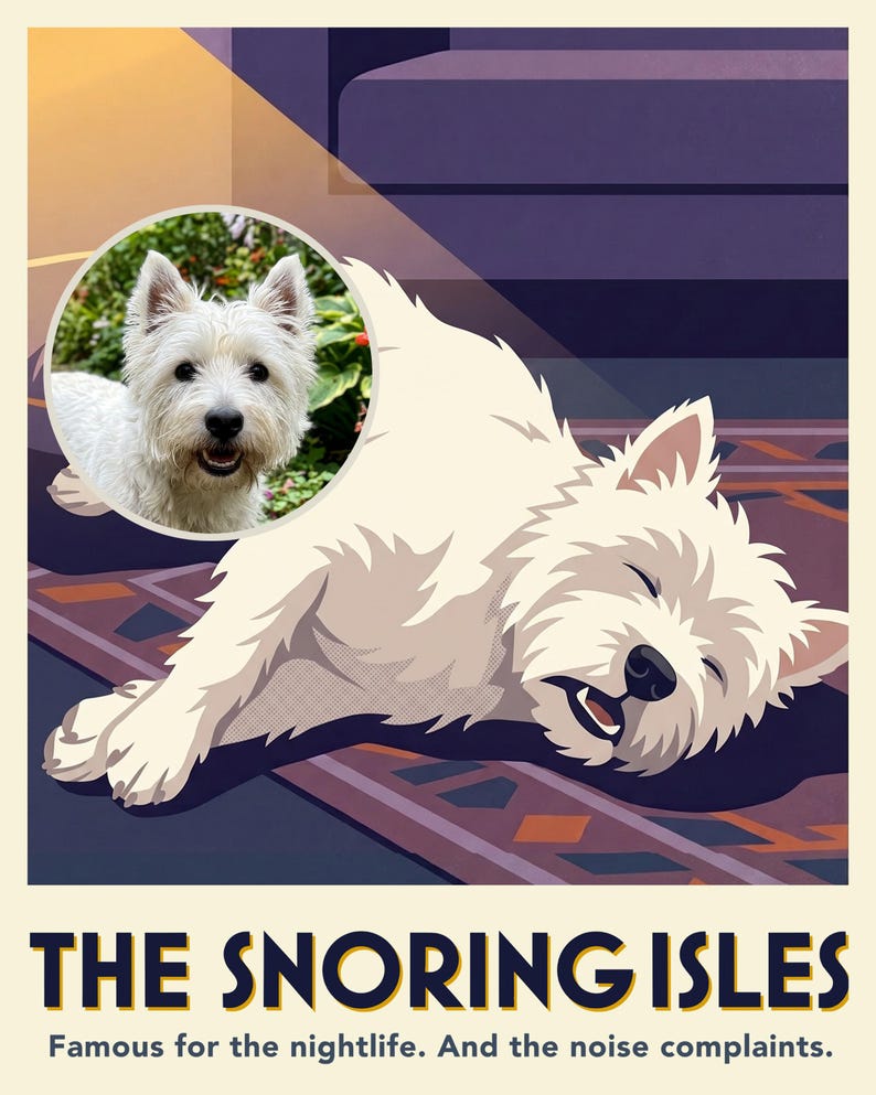 Lazy Personalized Dog Portrait from Your Photo, Sleepy Pet Retro Travel Poster Art Digital Download