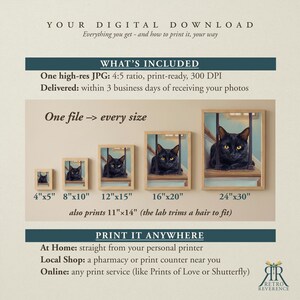 May include: A digital download information graphic featuring a black cat illustration in five different frame sizes from 4x5 inches to 24x30 inches. The text includes 'YOUR DIGITAL DOWNLOAD', 'WHAT'S INCLUDED', 'One file -> every size', and 'PRINT IT ANYWHERE'.