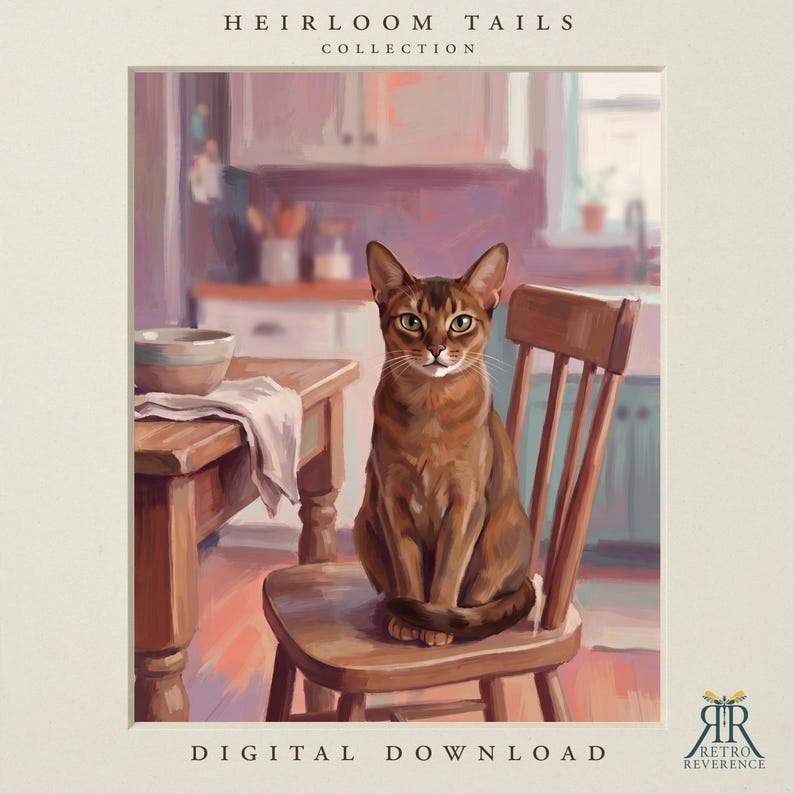 May include: A digital art print titled HEIRLOOM TAILS COLLECTION featuring a brown Abyssinian cat sitting on a wooden chair in a kitchen. A wooden table with a bowl and white cloth sits to the left. The text DIGITAL DOWNLOAD appears at the bottom.