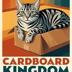 Personalized Cat Portrait from Photo, Cat in a Cardboard Box Illustration, Retro Travel Poster Digital Download, Printable Wall Art image 2