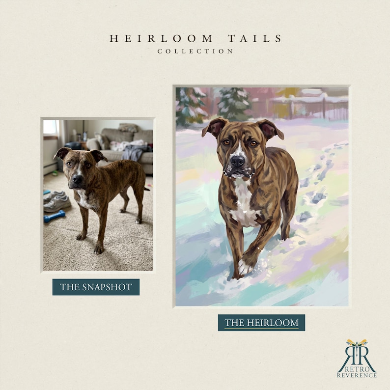 May include: A side-by-side comparison featuring a photograph of a brindle dog on the left labeled THE SNAPSHOT and a painterly illustration of the same dog in a snowy landscape on the right labeled THE HEIRLOOM, under the text HEIRLOOM TAILS COLLECTION.
