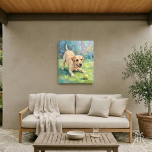May include: A square wall art print featuring a yellow Labrador retriever in a playful stance on a green lawn with a yellow ball. The dog is depicted with light golden fur, facing forward with an open mouth, set against a colorful garden.