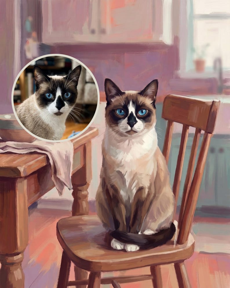 Regal Custom Cat Portrait from Your Photo, Cottage Breakfast Nook Art Digital Download