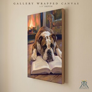 May include: A gallery wrapped canvas with a 1.5 inch depth featuring a painting of a brown and white bulldog resting its head on an open book. The background shows a warm fireplace and a chair. The text GALLERY WRAPPED CANVAS 1.5 DEPTH is visible.
