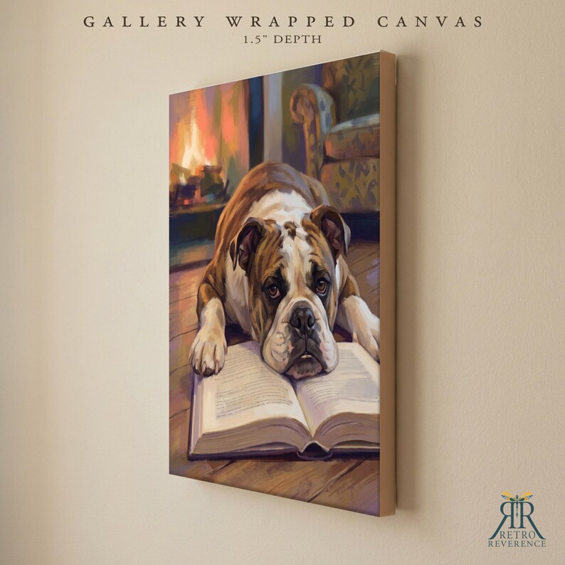 May include: A gallery wrapped canvas with a 1.5 inch depth featuring a painting of a brown and white bulldog resting its head on an open book. The background shows a warm fireplace and a chair. The text GALLERY WRAPPED CANVAS 1.5 DEPTH is visible.