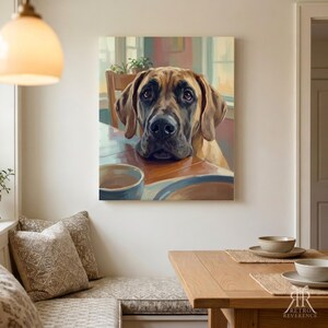 May include: A rectangular wall art print featuring a brown and black dog resting its chin on a wooden table. The dog has large, expressive dark eyes and floppy ears. The scene includes a ceramic bowl on the table and a chair in the background.