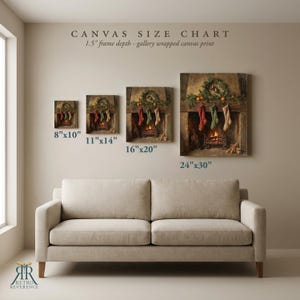 May include: A canvas size chart displaying four gallery-wrapped canvas prints of a fireplace with stockings, labeled with dimensions 8x10, 11x14, 16x20, and 24x30 inches. The text reads CANVAS SIZE CHART and 1.5 inch frame depth gallery wrapped canvas print.