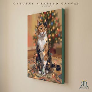 May include: A gallery wrapped canvas with a 1.5 inch depth featuring a painting of a calico cat tangled in colorful Christmas string lights. The cat sits on a patterned rug in front of a blurred, glowing holiday tree with multi-colored lights.